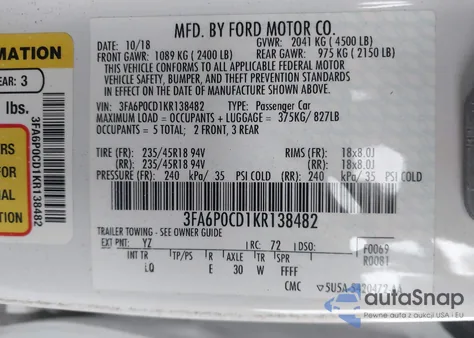2019 Ford Fusion Sel из США, поврежденный, VIN 3FA6P0CD1KR138482